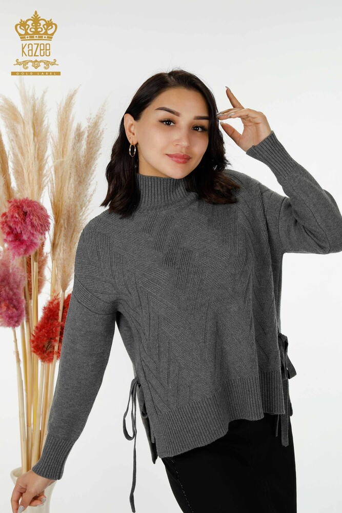 Wholesale Women's Knitwear Sweater Side Tie Patterned Anthracite - 30000 | KAZEE - 1