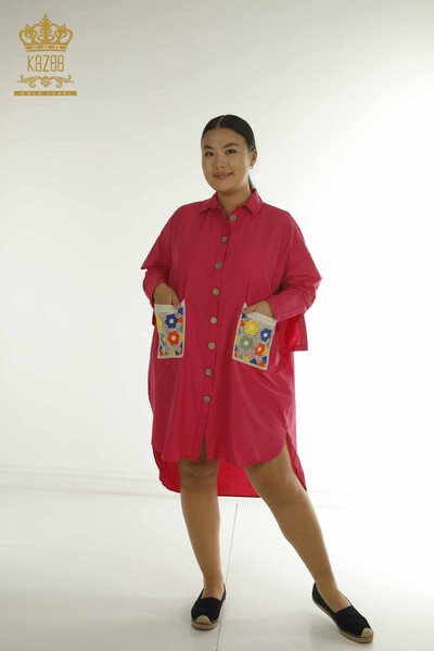 Wholesale Women's Shirt Dress Colorful Flower Embroidered Fuchsia - 2402-211647 | S&M - Thumbnail