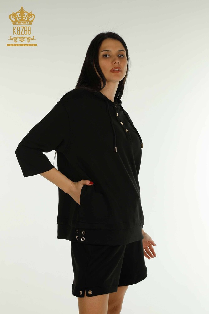 Wholesale Women's Shorts Tracksuit Set Hooded Black - 17695 | KAZEE - 2