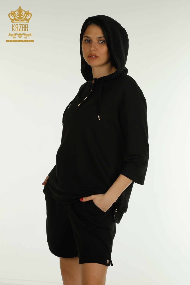 Wholesale Women's Shorts Tracksuit Set Hooded Black - 17695 | KAZEE - 3