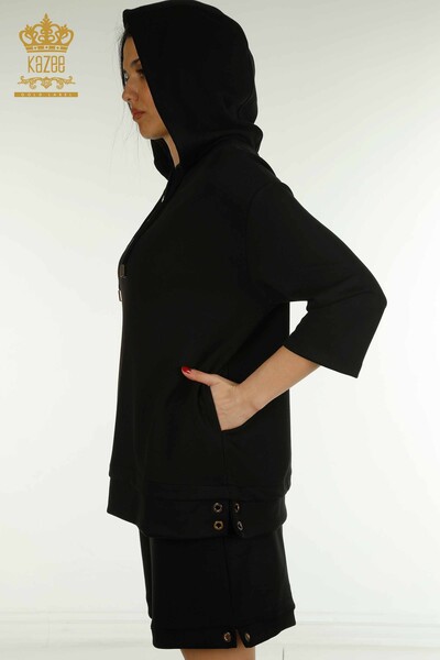 Wholesale Women's Shorts Tracksuit Set Hooded Black - 17695 | KAZEE - 11