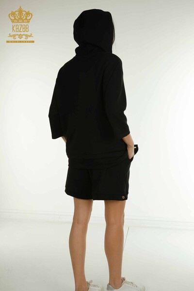 Wholesale Women's Shorts Tracksuit Set Hooded Black - 17695 | KAZEE - 17