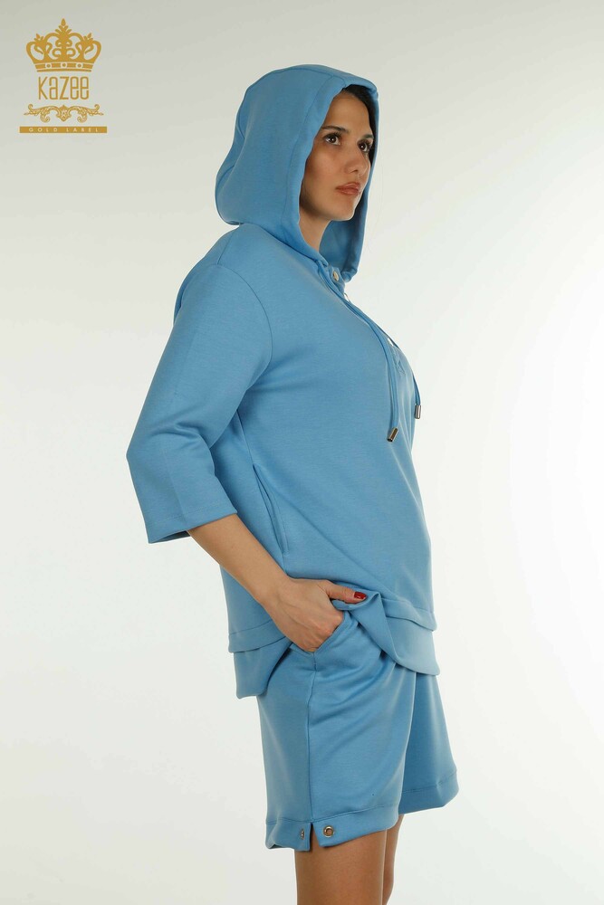 Wholesale Women's Shorts Tracksuit Set Hooded Blue - 17695 | KAZEE - 4