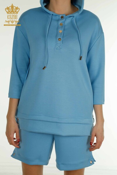 Wholesale Women's Shorts Tracksuit Set Hooded Blue - 17695 | KAZEE - 6