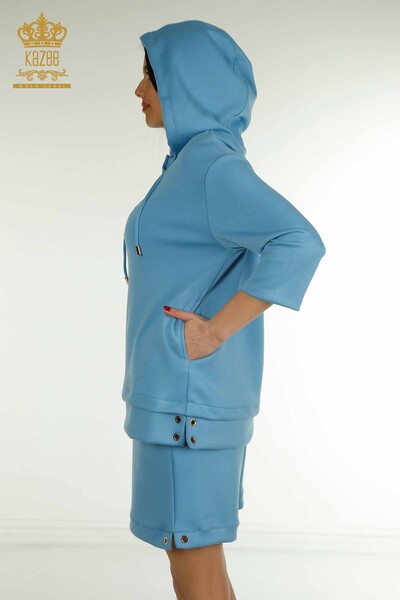 Wholesale Women's Shorts Tracksuit Set Hooded Blue - 17695 | KAZEE - 10