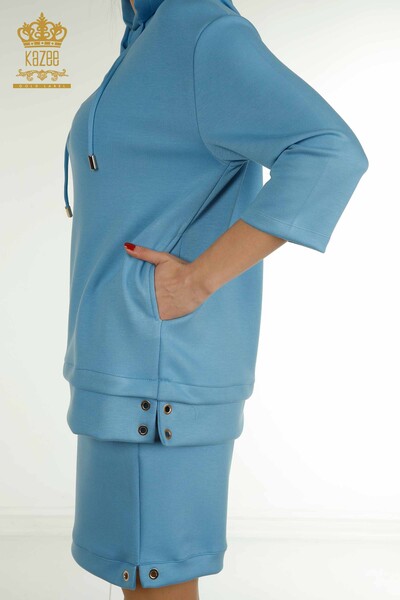 Wholesale Women's Shorts Tracksuit Set Hooded Blue - 17695 | KAZEE - 11