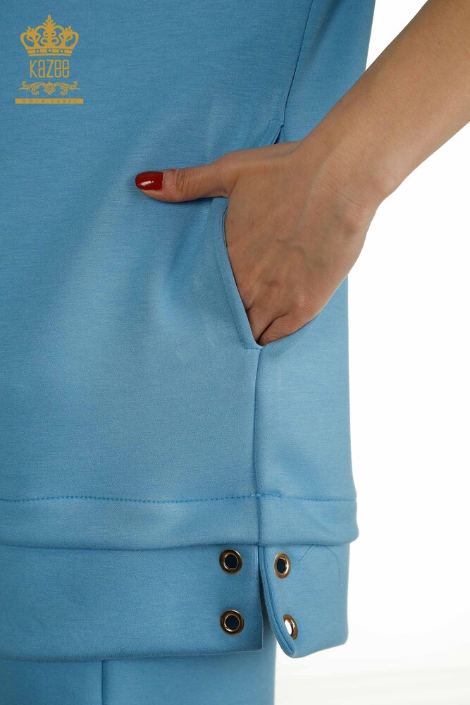 Wholesale Women's Shorts Tracksuit Set Hooded Blue - 17695 | KAZEE - 12