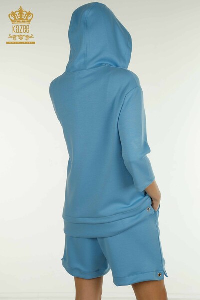 Wholesale Women's Shorts Tracksuit Set Hooded Blue - 17695 | KAZEE - 18