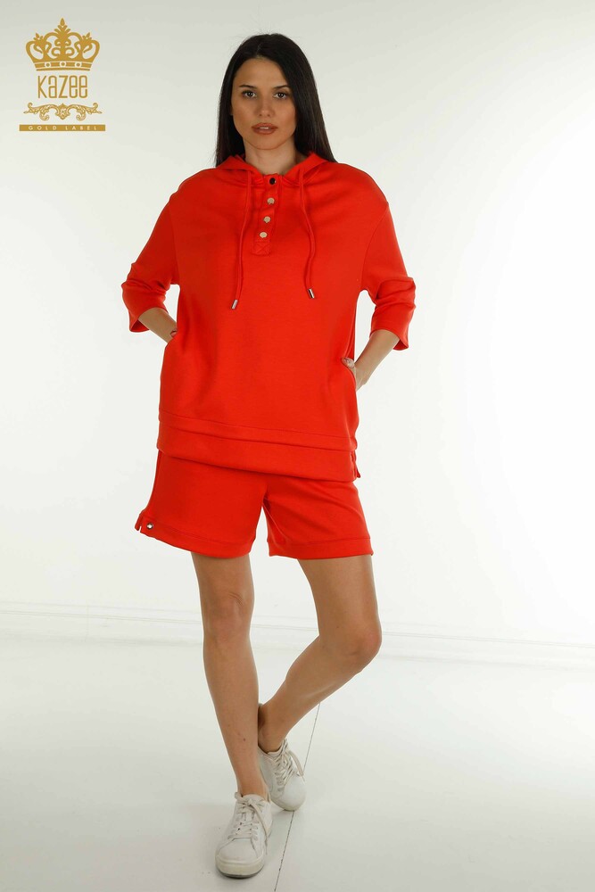 Wholesale Women's Shorts Tracksuit Set Hooded Orange - 17695 | KAZEE - 1