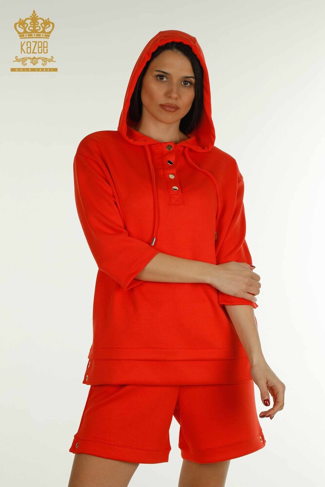 Wholesale Women's Shorts Tracksuit Set Hooded Orange - 17695 | KAZEE - 2