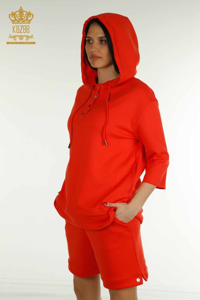 Wholesale Women's Shorts Tracksuit Set Hooded Orange - 17695 | KAZEE - 3