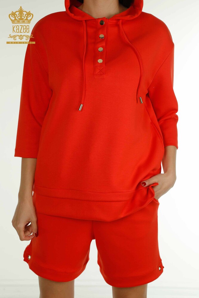 Wholesale Women's Shorts Tracksuit Set Hooded Orange - 17695 | KAZEE - 4