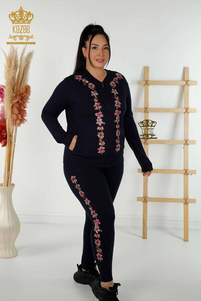 Wholesale Women's Tracksuit Set Floral Patterned Navy Blue - 16658 | KAZEE - Thumbnail