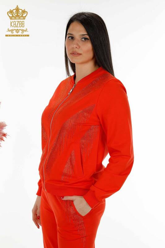 Wholesale Women's Tracksuit Set Crystal Stone Embroidered Orange - 17496 | KAZEE