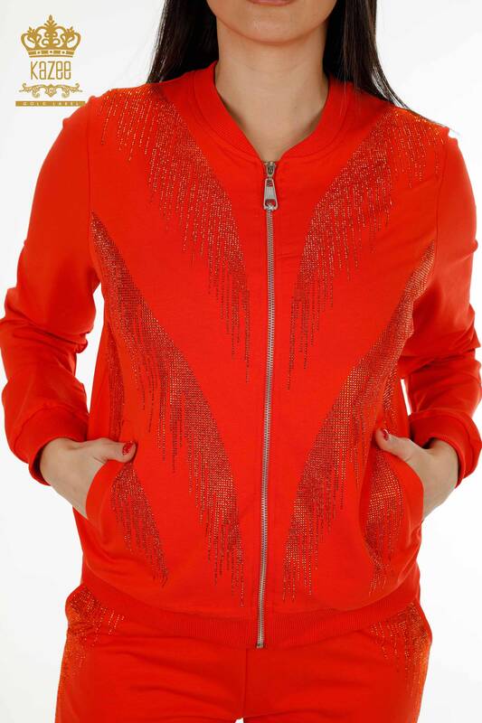 Wholesale Women's Tracksuit Set Crystal Stone Embroidered Orange - 17496 | KAZEE