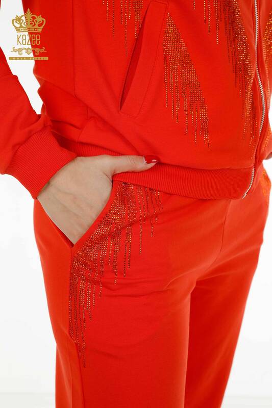 Wholesale Women's Tracksuit Set Crystal Stone Embroidered Orange - 17496 | KAZEE