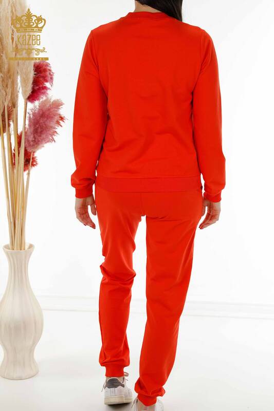 Wholesale Women's Tracksuit Set Crystal Stone Embroidered Orange - 17496 | KAZEE