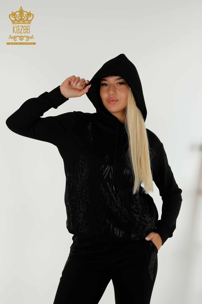 Wholesale Women's Tracksuit Set Hooded Black - 17566 | KAZEE - 3