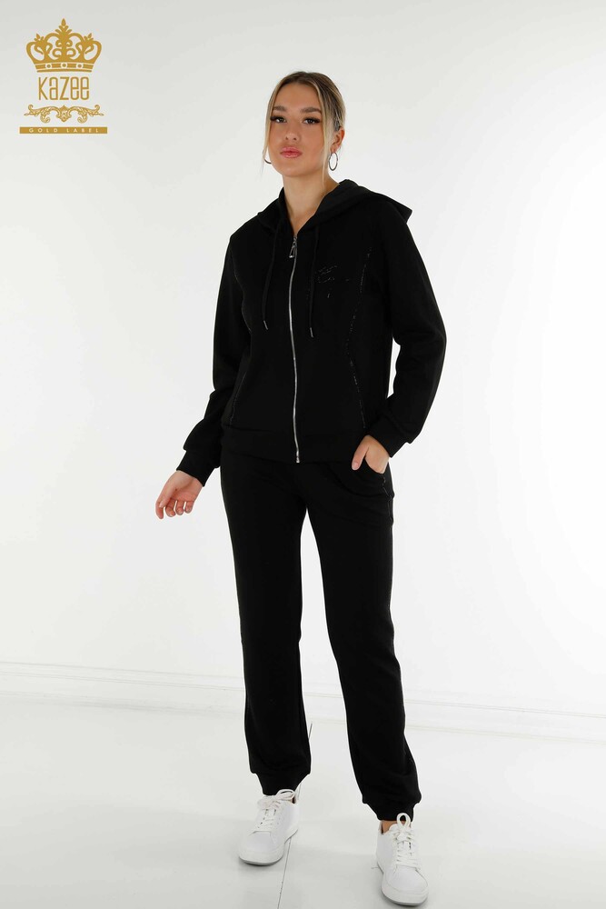 Wholesale Women's Tracksuit Set Hooded Black - 20414 | KAZEE - 1