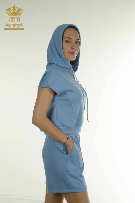 Wholesale Women's Tracksuit Set Hooded Blue - 17704 | KAZEE