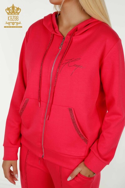 Wholesale Women's Tracksuit Set Hooded Fuchsia - 17598 | KAZEE - 4