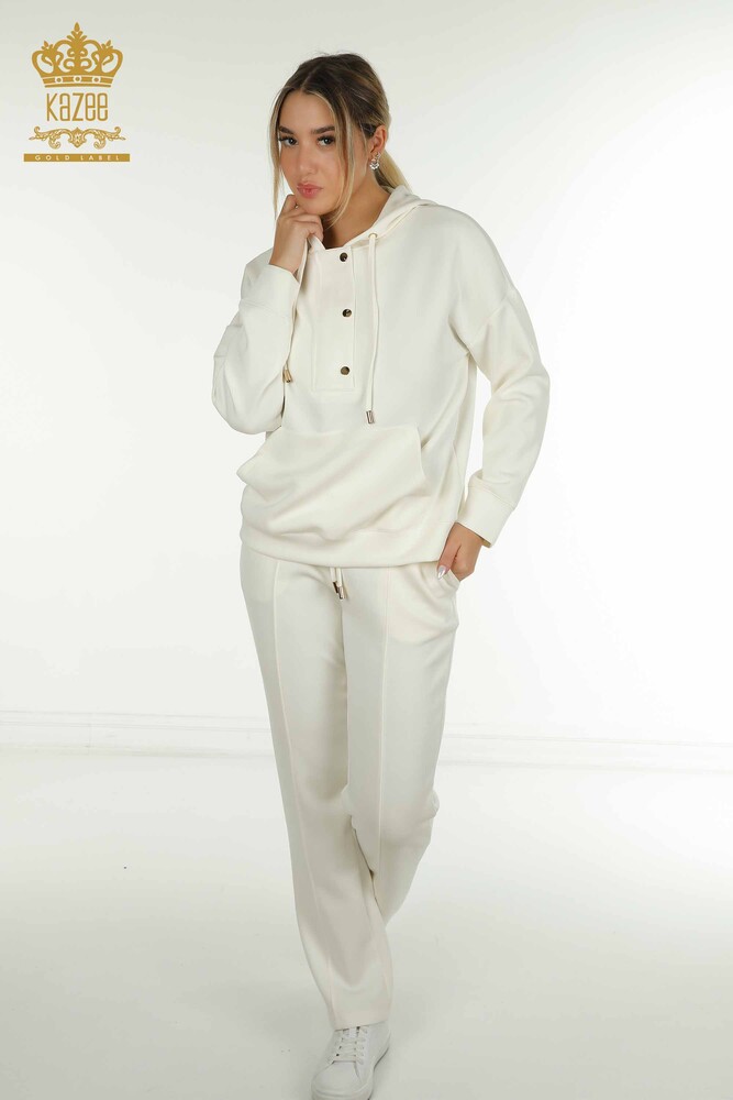 Wholesale Women's Tracksuit Set Hooded Pocket Ecru - 17627 | KAZEE - 1