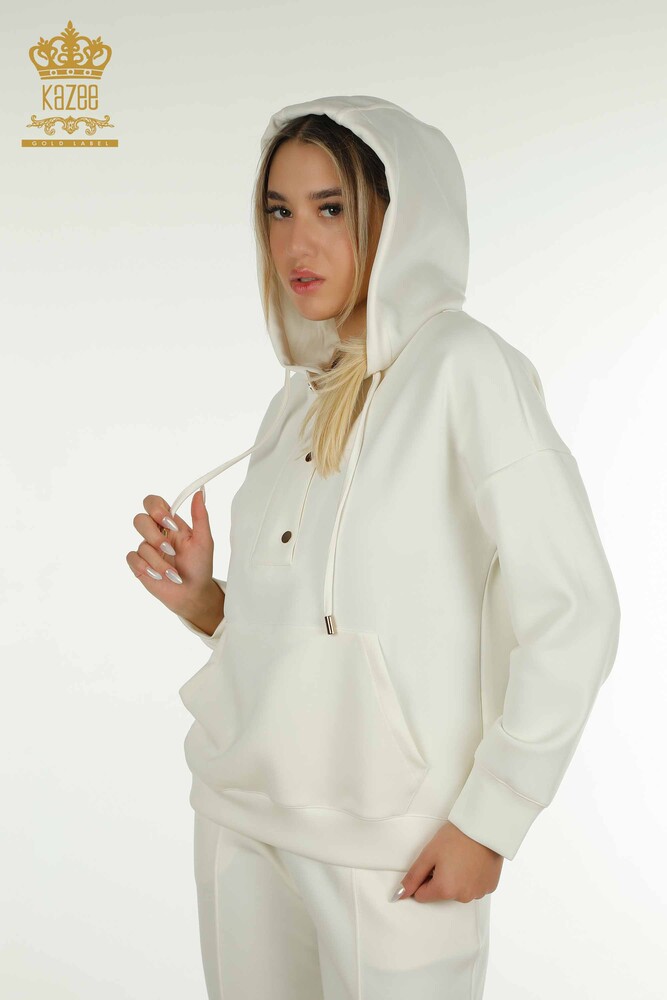 Wholesale Women's Tracksuit Set Hooded Pocket Ecru - 17627 | KAZEE - 2