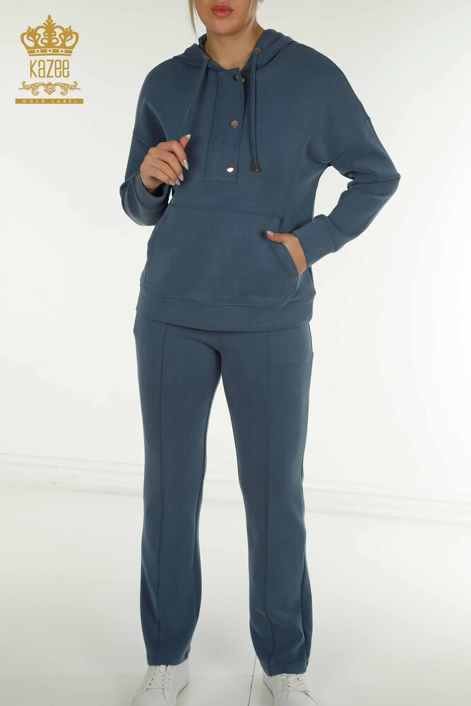 Wholesale Women's Tracksuit Set Hooded Pocket Indigo - 17627 | KAZEE - 3