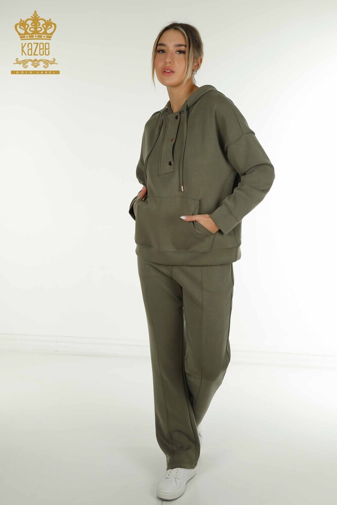 Wholesale Women's Tracksuit Set Hooded with Pockets Khaki - 17627 | KAZEE - 1