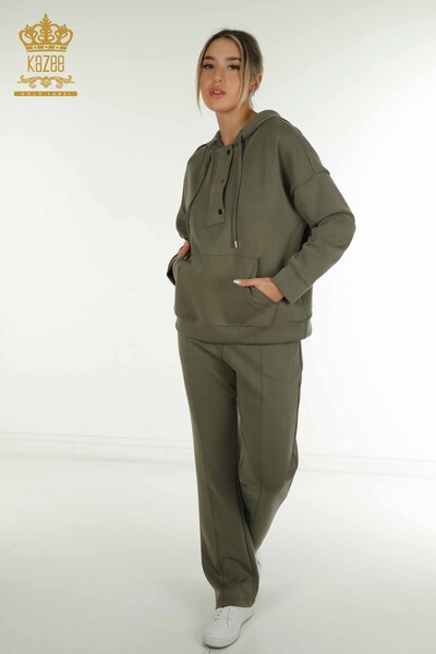 Wholesale Women's Tracksuit Set Hooded with Pockets Khaki - 17627 | KAZEE 