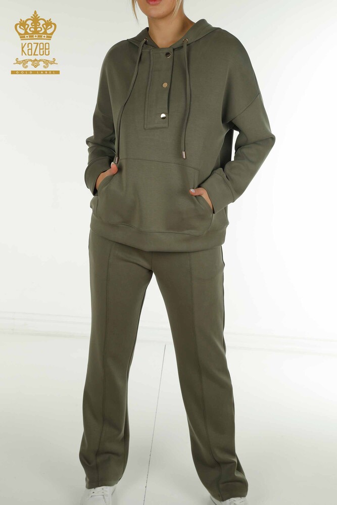 Wholesale Women's Tracksuit Set Hooded with Pockets Khaki - 17627 | KAZEE - 3