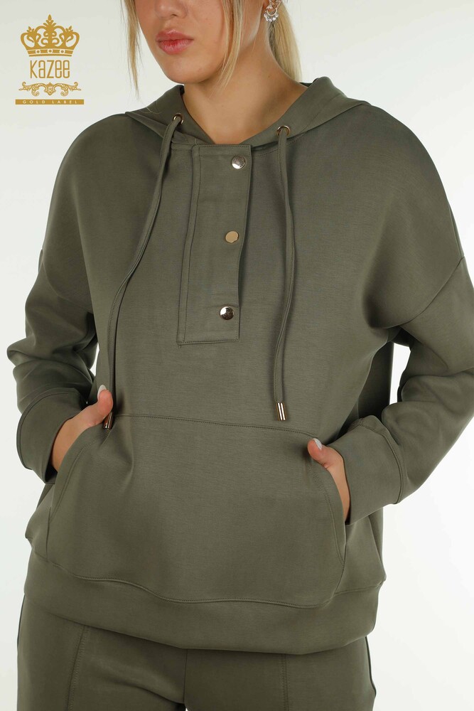 Wholesale Women's Tracksuit Set Hooded with Pockets Khaki - 17627 | KAZEE - 4