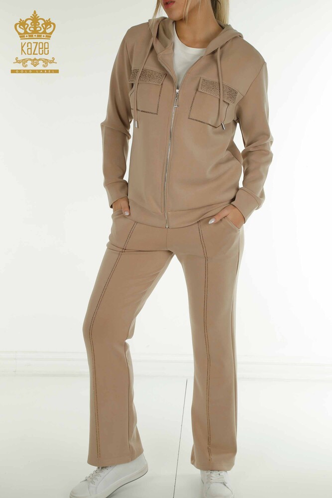 Wholesale Women's Tracksuit Set Hooded Zipper Beige - 17618 | KAZEE - 3