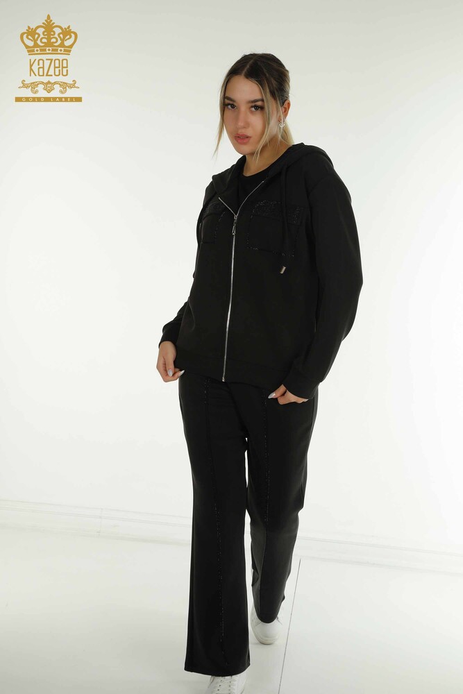 Wholesale Women's Tracksuit Set Hooded Zippered Black - 17618 | KAZEE - 1