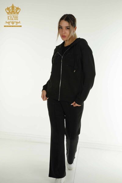 Kazee - Wholesale Women's Tracksuit Set Hooded Zippered Black - 17618 | KAZEE