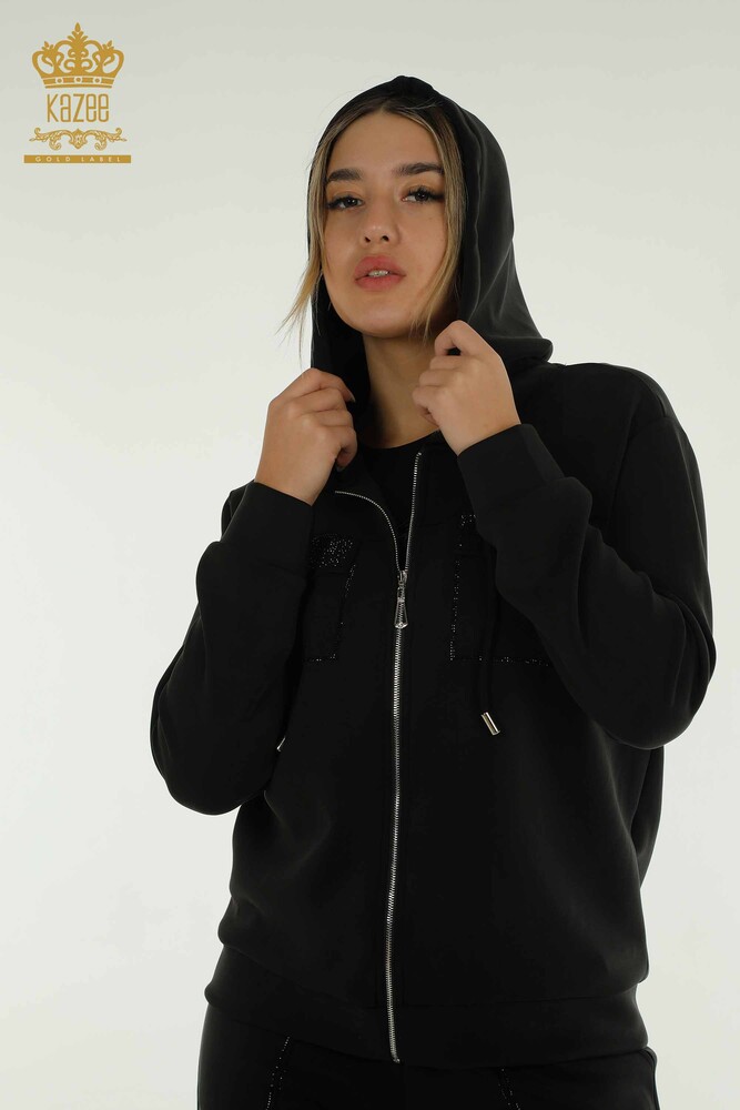 Wholesale Women's Tracksuit Set Hooded Zippered Black - 17618 | KAZEE - 2