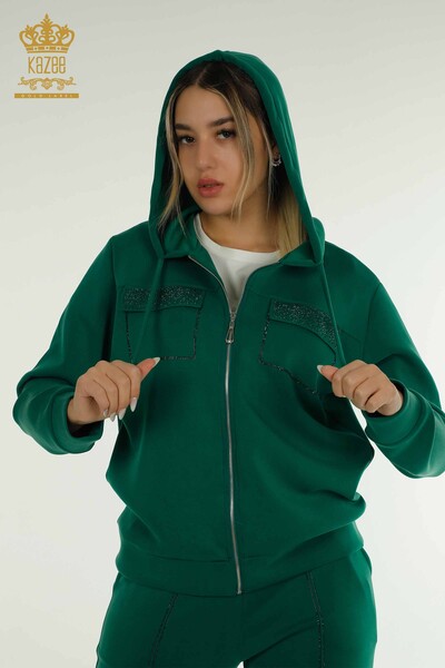 Wholesale Women's Tracksuit Set Hooded Zipper Green - 17618 | KAZEE - 2