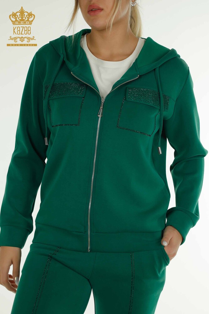 Wholesale Women's Tracksuit Set Hooded Zipper Green - 17618 | KAZEE - 4