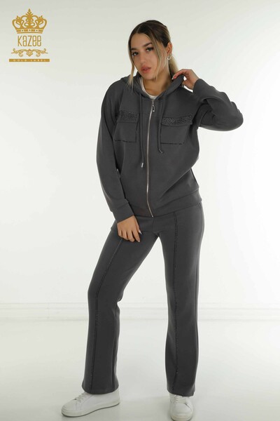 Wholesale Women's Tracksuit Set Hooded Zipper Gray - 17618 | KAZEE - Kazee