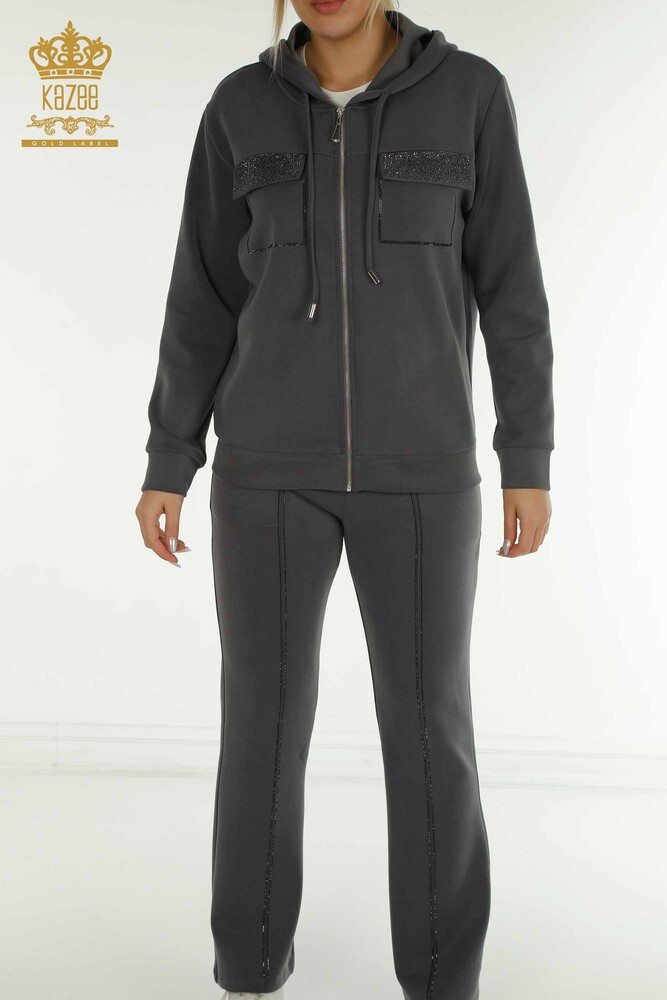 Wholesale Women's Tracksuit Set Hooded Zipper Gray - 17618 | KAZEE - 3