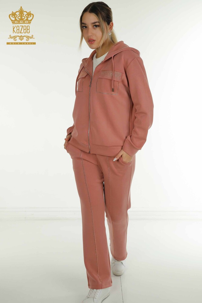 Wholesale Women's Tracksuit Set Hooded Zipper Dusty Rose - 17618 | KAZEE - 1