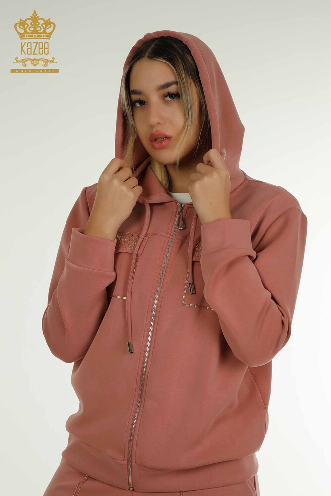 Wholesale Women's Tracksuit Set Hooded Zipper Dusty Rose - 17618 | KAZEE - 2