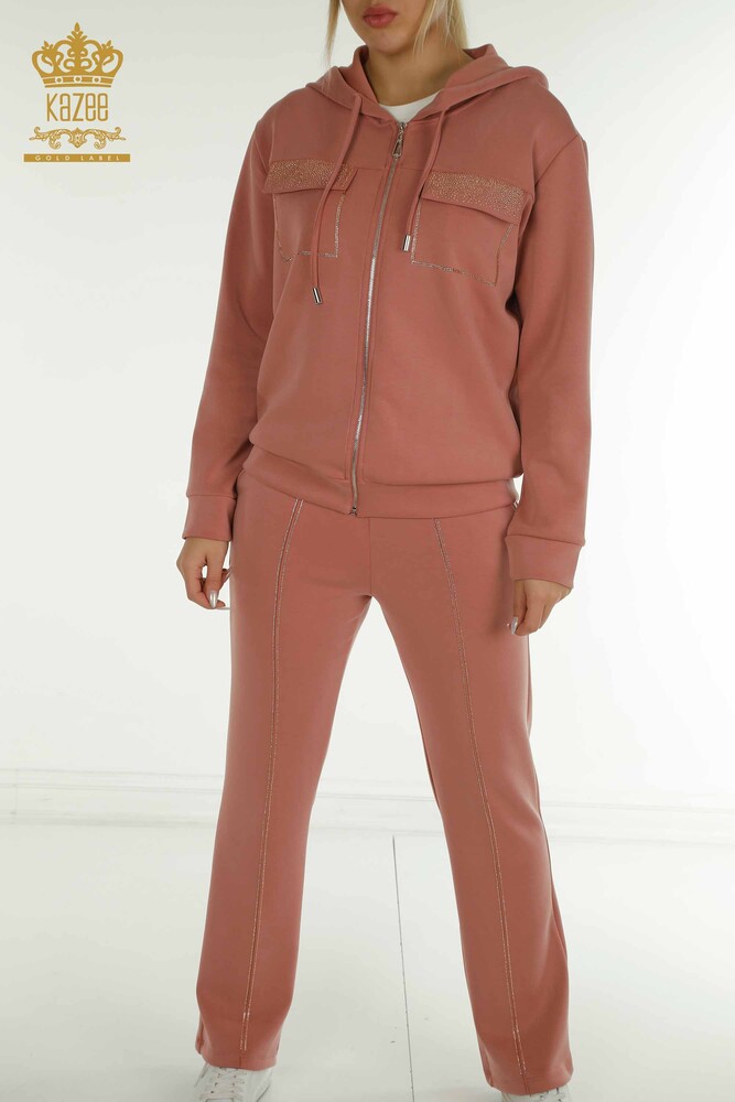 Wholesale Women's Tracksuit Set Hooded Zipper Dusty Rose - 17618 | KAZEE - 3