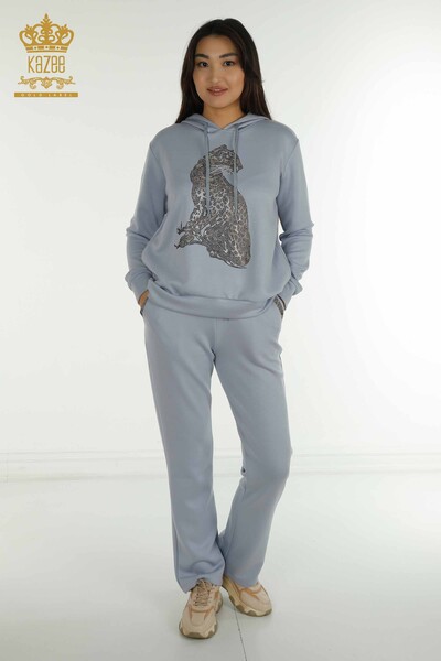 Wholesale Women's Tracksuit Set Blue with Leopard Pattern - 17580 | KAZEE - Kazee