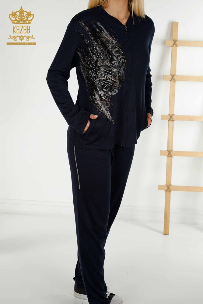 Wholesale Women's Tracksuit Set Navy Blue with Leopard Pattern - 16660 | KAZEE - 3