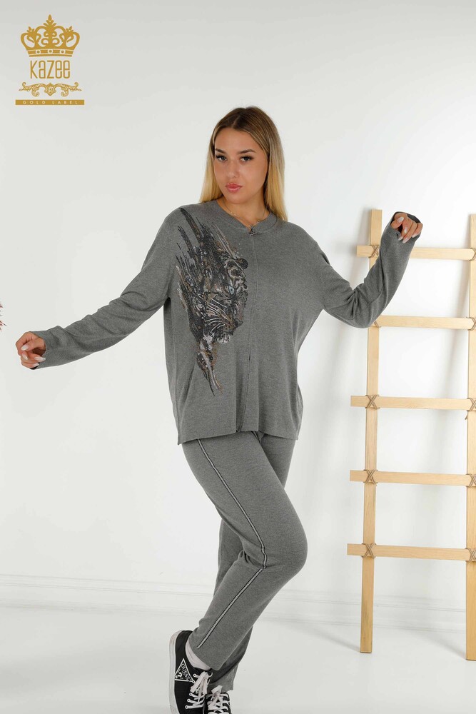 Wholesale Women's Tracksuit Set Gray with Leopard Pattern - 16660 | KAZEE - 1