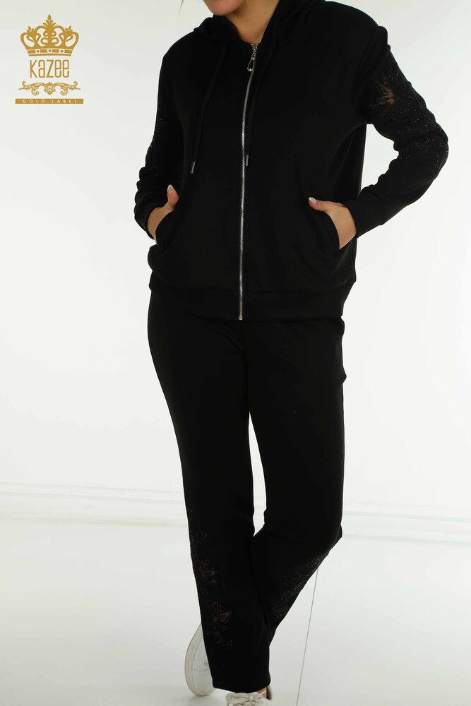 Wholesale Women's Tracksuit Set Black with Sleeve Detail - 17562 | KAZEE - 4