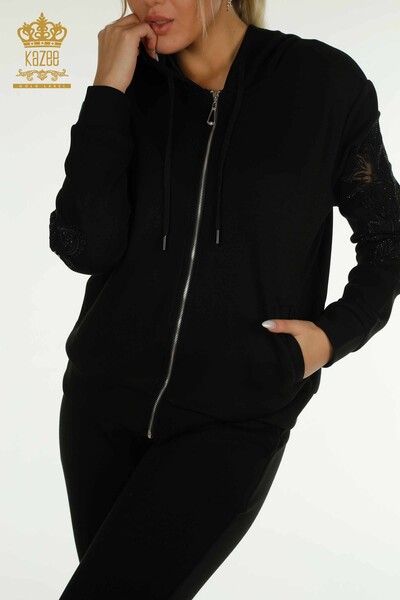 Wholesale Women's Tracksuit Set Black with Sleeve Detail - 17562 | KAZEE - 5