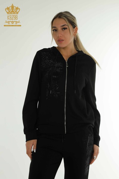 Wholesale Women's Tracksuit Set Black with Stone Embroidery - 17560 | KAZEE - Thumbnail (2)