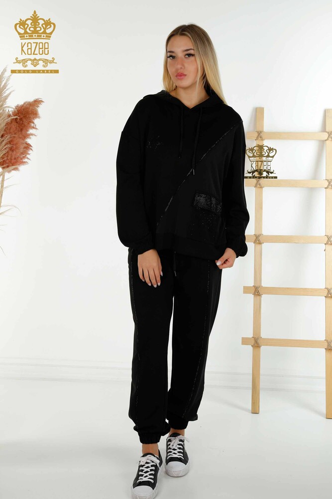 Wholesale Women's Tracksuit Set Black with Stone Embroidery - 17575 | KAZEE - 1